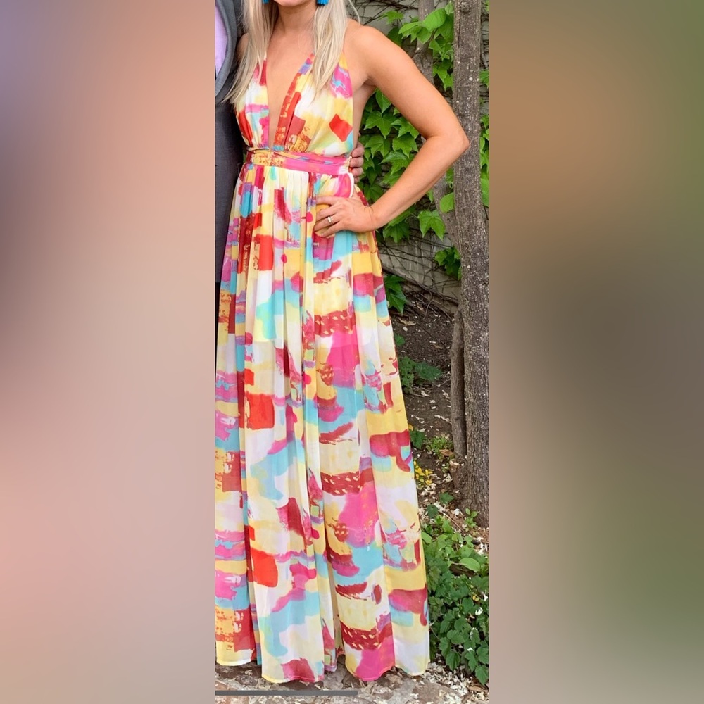 Abstract print maxi dress, cross back, wedding guest